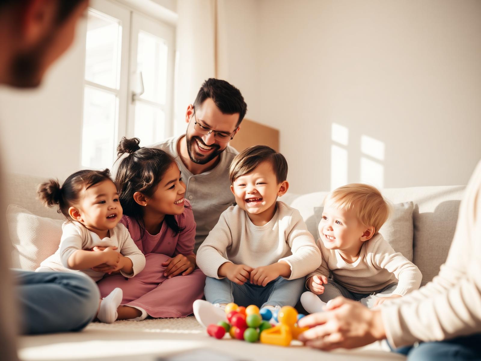 Diverse families connecting warmly indoors